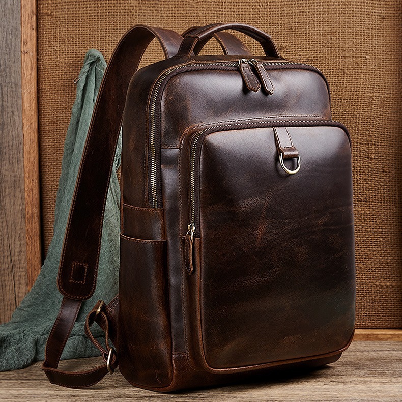 Genuine Leather Backpack - กระเป๋าเป้สะพายหลังหนังแท้เคลือบแว็กซ์สำหรับผู้ชาย | กระเป๋าเป้สะพายหลังสำหรับนักธุรกิจและการเดินทาง | กระเป๋าเป้สะพายหลังสำหรับเดินทางแบบหนังฟอกฝาดจากพืช