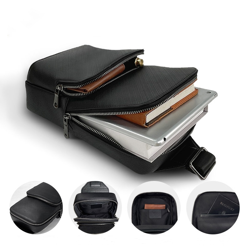Genuine Leather Backpack - กระเป๋าสะพายของผู้ชายสีดำดีไซน์แฟชั่นสลิงกระเป๋าคาดหน้าอกหนังแท้กระเป๋าเป้สะพายหลังกลางแจ้งอเนกประสงค์กระเป๋าสะพายไหล่กระเป๋าคาดเอวกระเป๋าคาดเอว